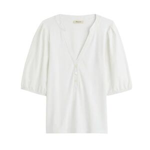 Madewell Puff-Sleeve Henley Knit Top in White